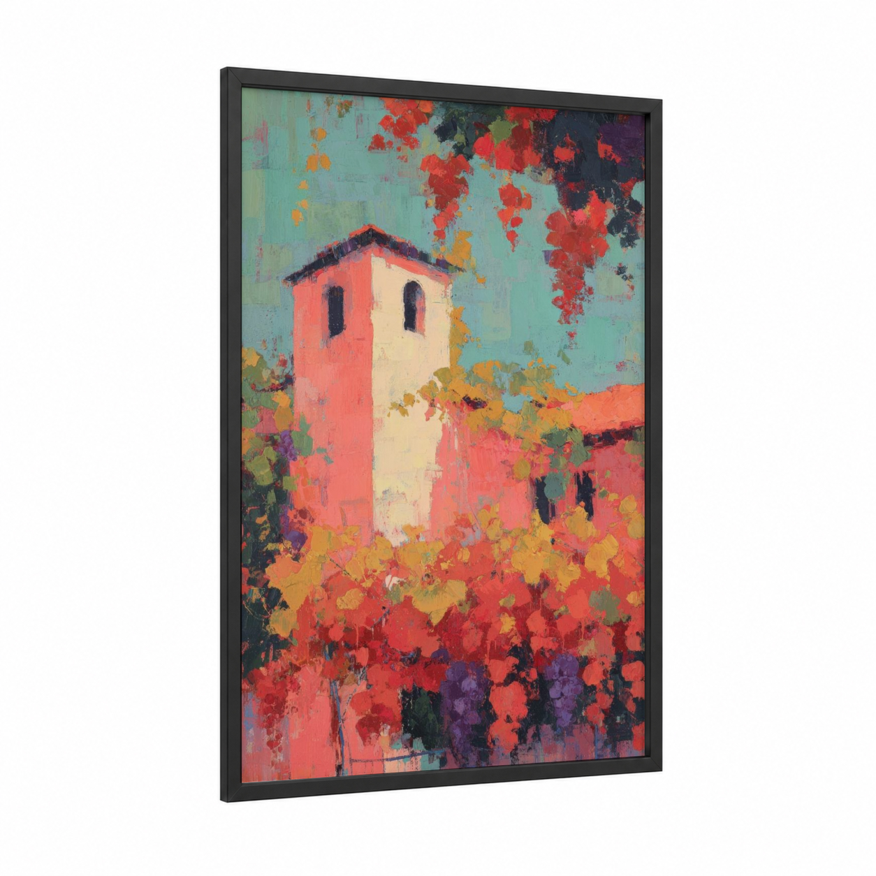 Crimson Tower Garden framed towers print — black wood frame — red and teal palette