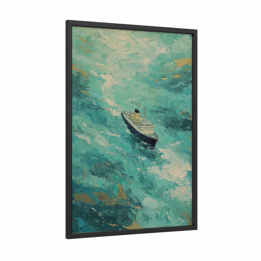 Turquoise Voyage framed cruise ship print — black wood frame — teal and gold palette