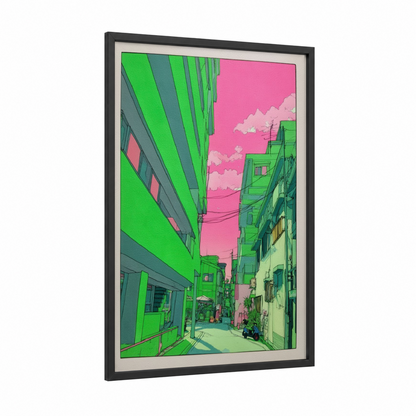 Neon Street Corner framed abstract architecture print — black wood frame — lime green and magenta palette