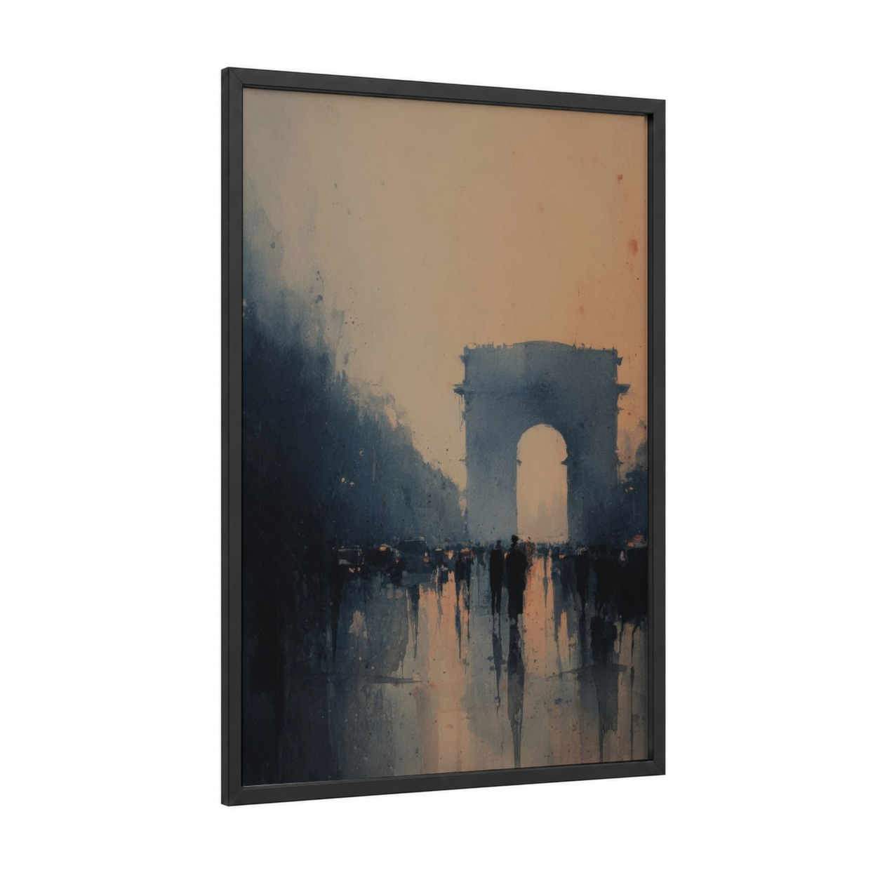 Misty Arc Parisian framed arc de triomphe print — black wood frame — peach and dove gray palette