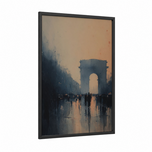 Misty Arc Parisian framed arc de triomphe print — black wood frame — peach and dove gray palette