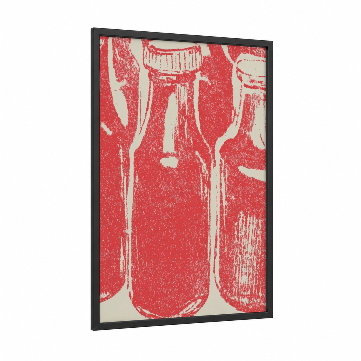 Vintage Condiment Bottles framed condiments print — black wood frame — red and cream palette
