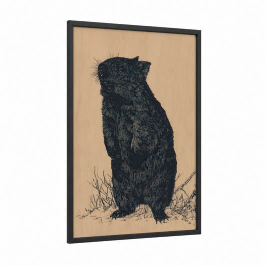 Upright Wombat framed art print — black wood frame — beige and black palette