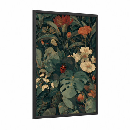 Garden Ladybug framed art print — black wood frame — dark green and peach palette