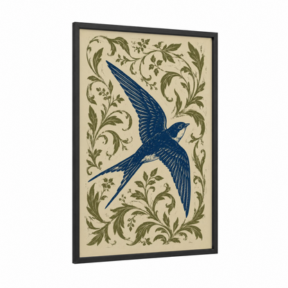 Blue Swallow Botanical Ornament Wall Art framed songbird print — black wood frame — blue and olive palette