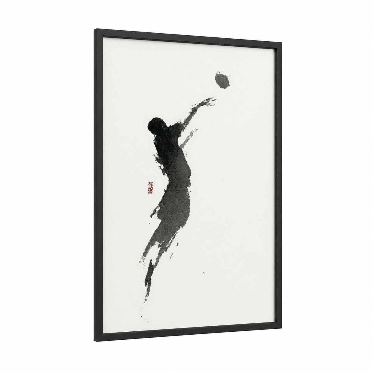 Jumping Volleyball Player framed art print — black wood frame — black and white and gray palette