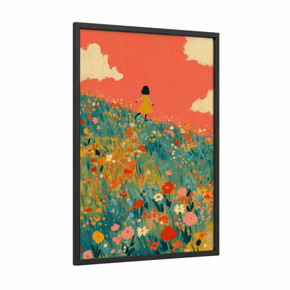 Wildflower Runner framed running print — black wood frame — orange and yellow palette