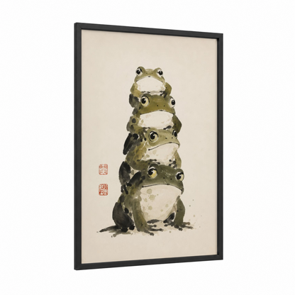 Stacked Frogs Asian Minimalist Wall Art framed frogs and toads print — black wood frame — olive and beige palette
