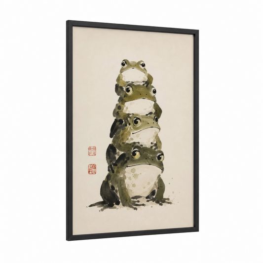 Stacked Frogs Asian Minimalist Wall Art framed frogs and toads print — black wood frame — olive and beige palette