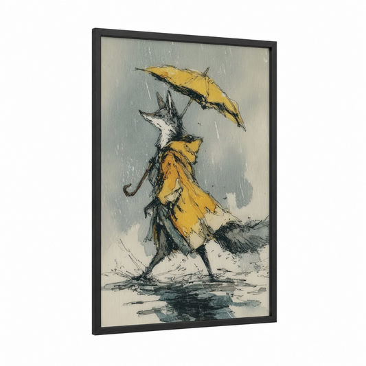 Rainy Day Fox framed art print — black wood frame — yellow gold and gray palette