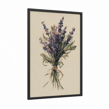 Lavender Herb Bouquet framed herbs print — black wood frame — lavender and cream palette