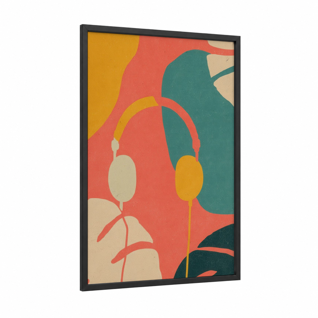 Colorful Headphones framed art print — black wood frame — orange and teal palette