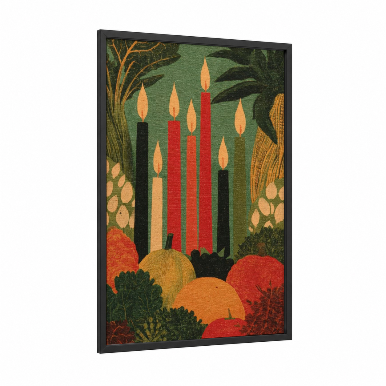 Festive Kwanzaa Candles framed art print — black wood frame — dark green and red palette