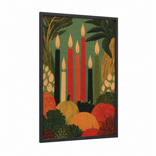 Festive Kwanzaa Candles framed art print — black wood frame — dark green and red palette