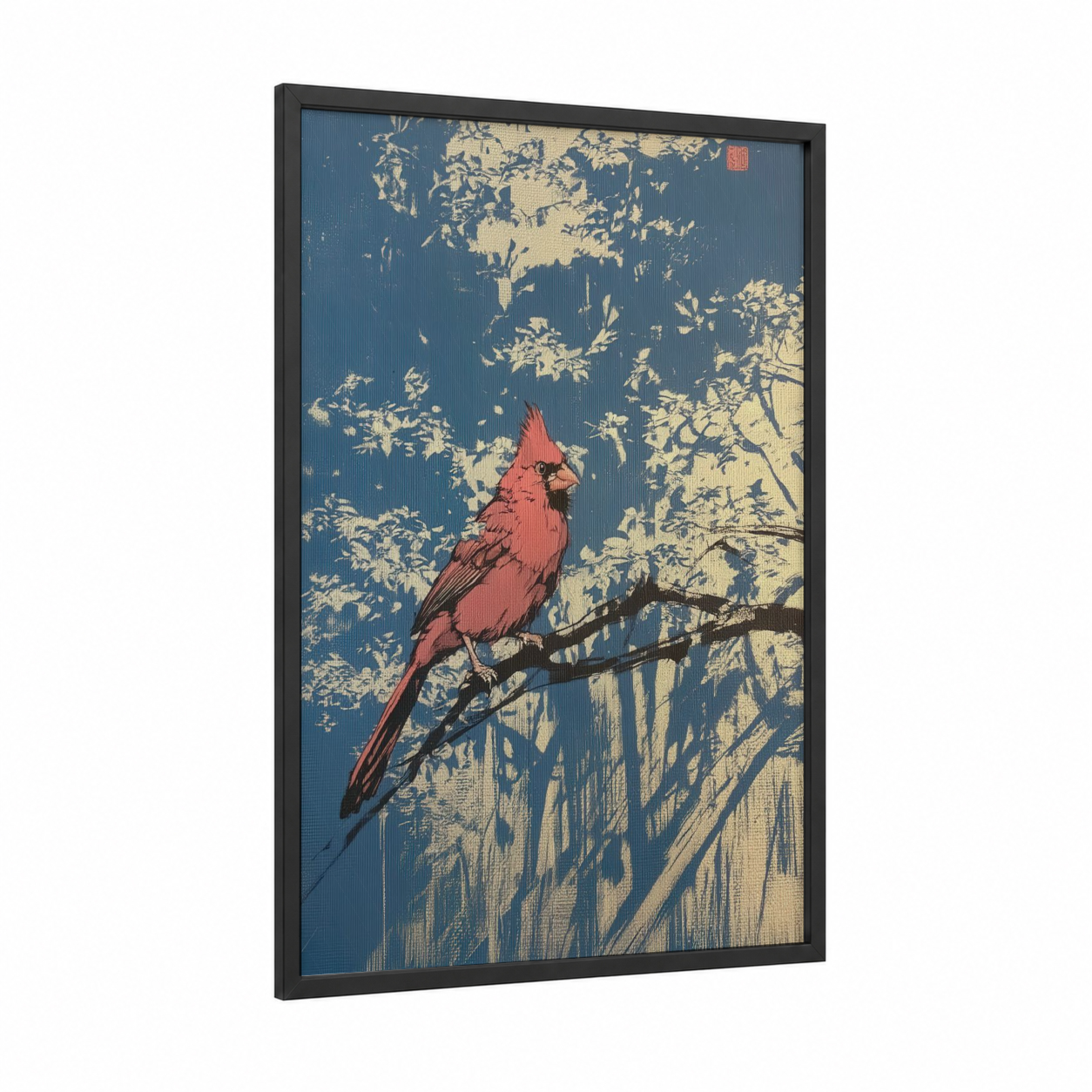 Cardinal Branch Perch framed art print — black wood frame — royal blue and gold palette