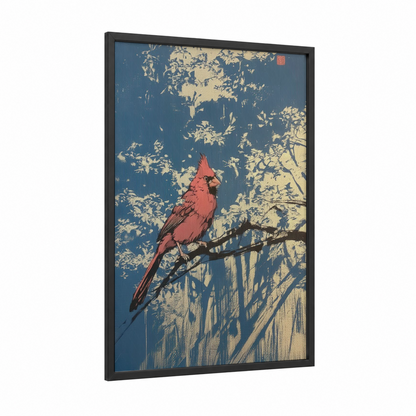 Cardinal Branch Perch framed art print — black wood frame — royal blue and gold palette