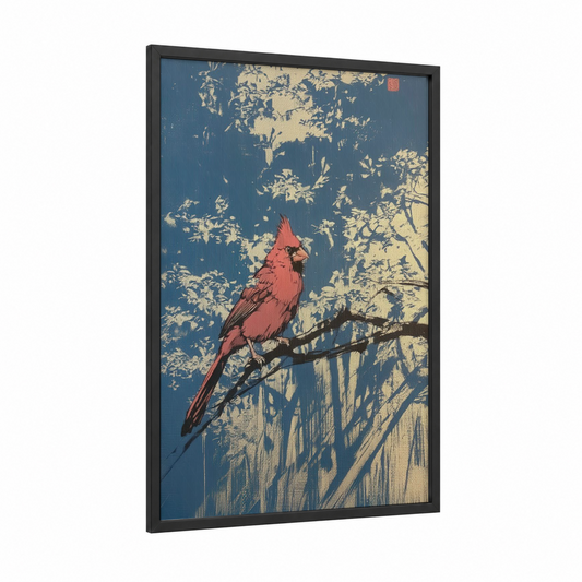 Cardinal Branch Perch framed art print — black wood frame — royal blue and gold palette
