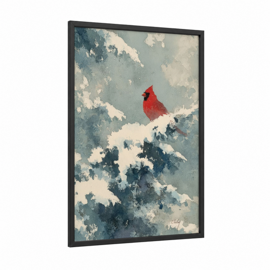 Snowy Cardinal framed christmas print — black wood frame — red and blue and white palette