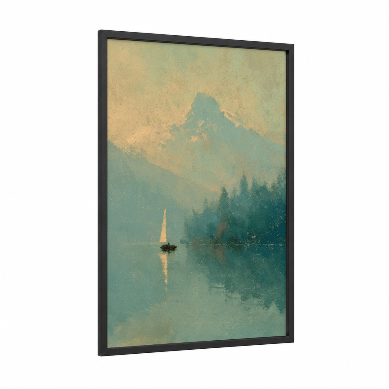 Alpine Sailing Serenity framed sailing ship print — black wood frame — light green and cream palette