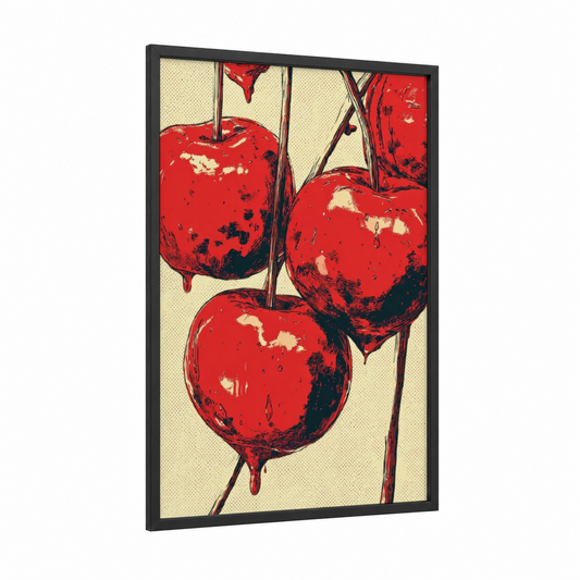 Crimson Cherries framed sweet print — black wood frame — red and cream palette