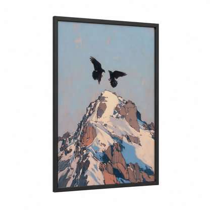 Alpine Ravens framed crows and ravens print — black wood frame — blue and white palette