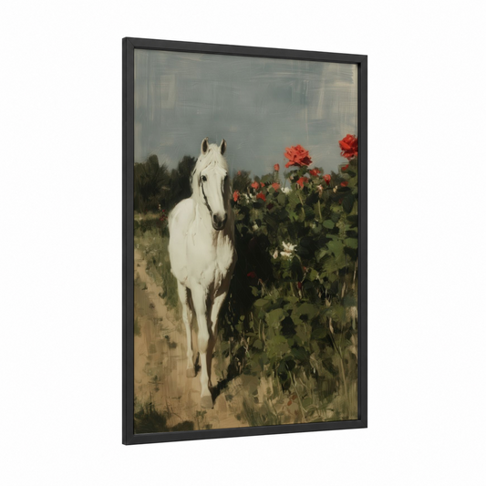 White Andalusian Rose Garden framed andalusian horse print — black wood frame — white and red palette