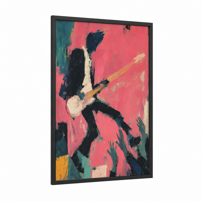 Crimson Rock Guitarist framed bass guitar print — black wood frame — magenta and teal palette