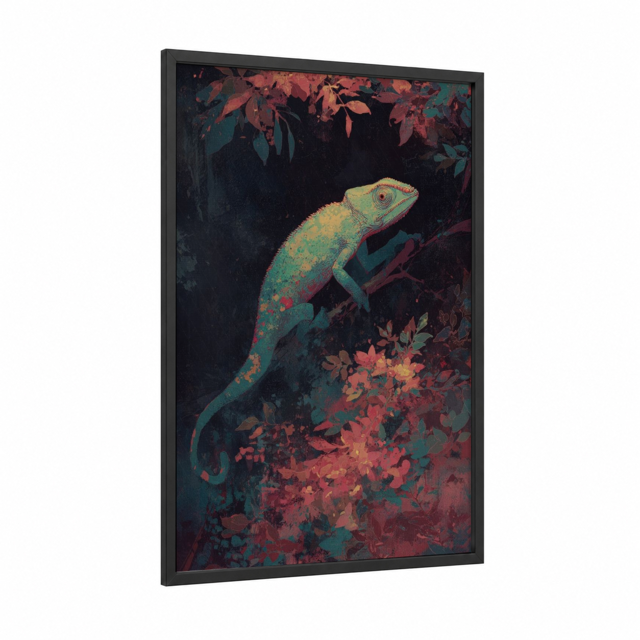 Jeweled Chameleon framed art print — black wood frame — teal and gold palette