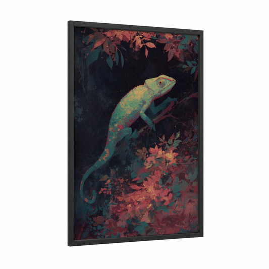 Jeweled Chameleon framed art print — black wood frame — teal and gold palette