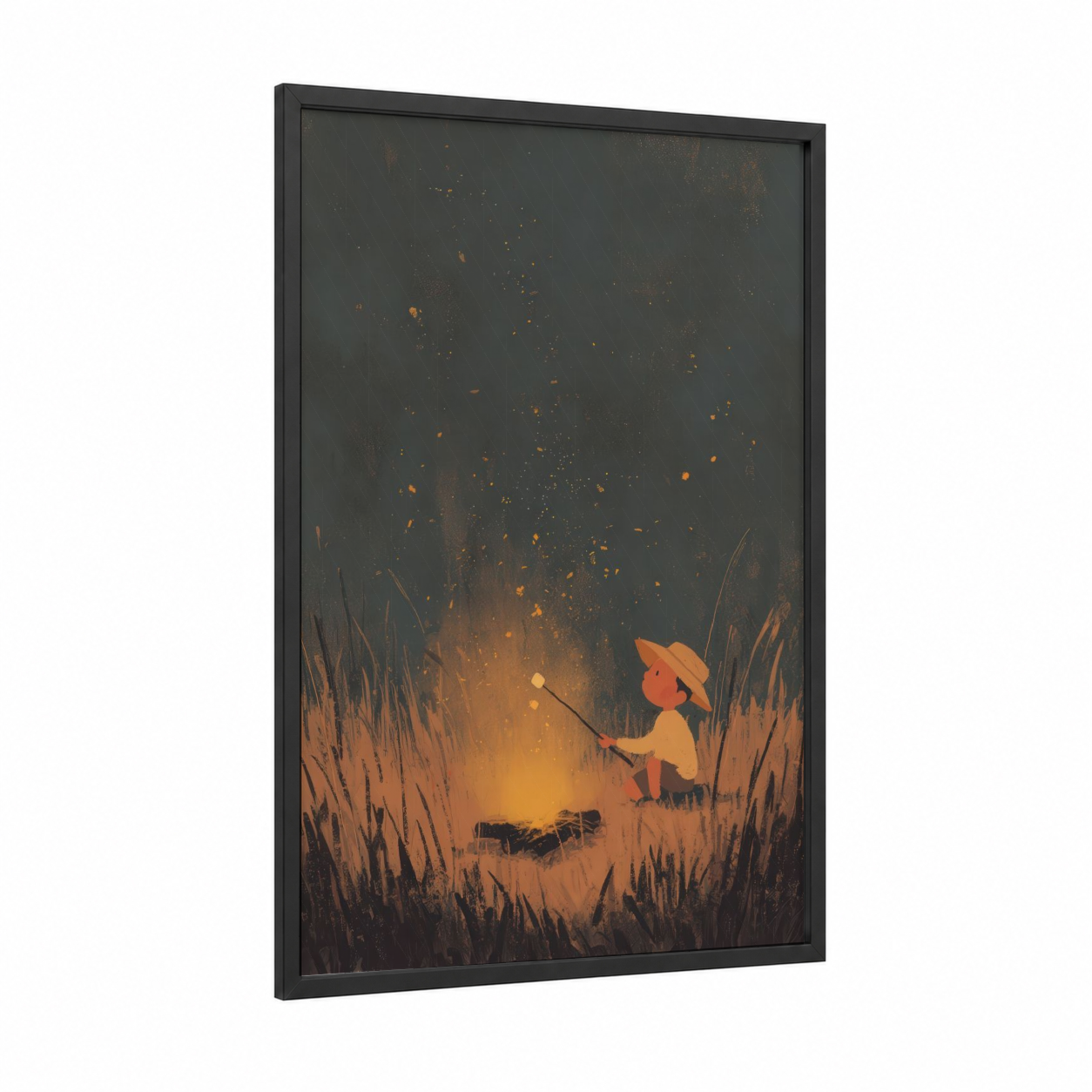 Campfire Wonder framed camping print — black wood frame — gold and gray palette