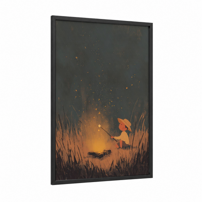 Campfire Wonder framed camping print — black wood frame — gold and gray palette