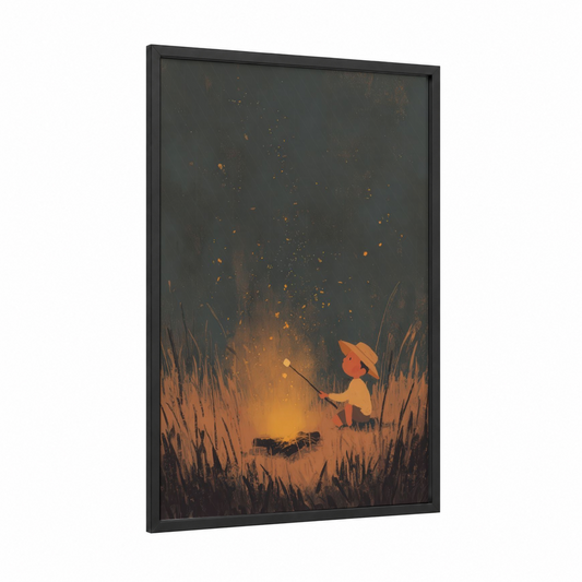 Campfire Wonder framed camping print — black wood frame — gold and gray palette