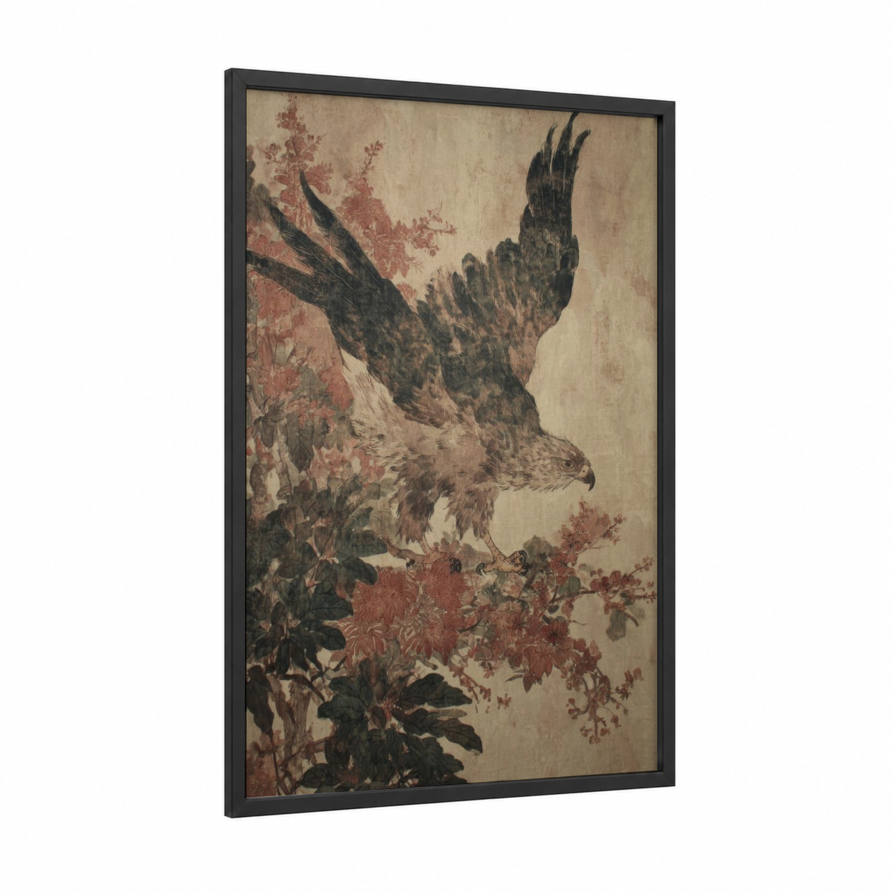 Crimson Griffin framed art print — black wood frame — beige and russet palette