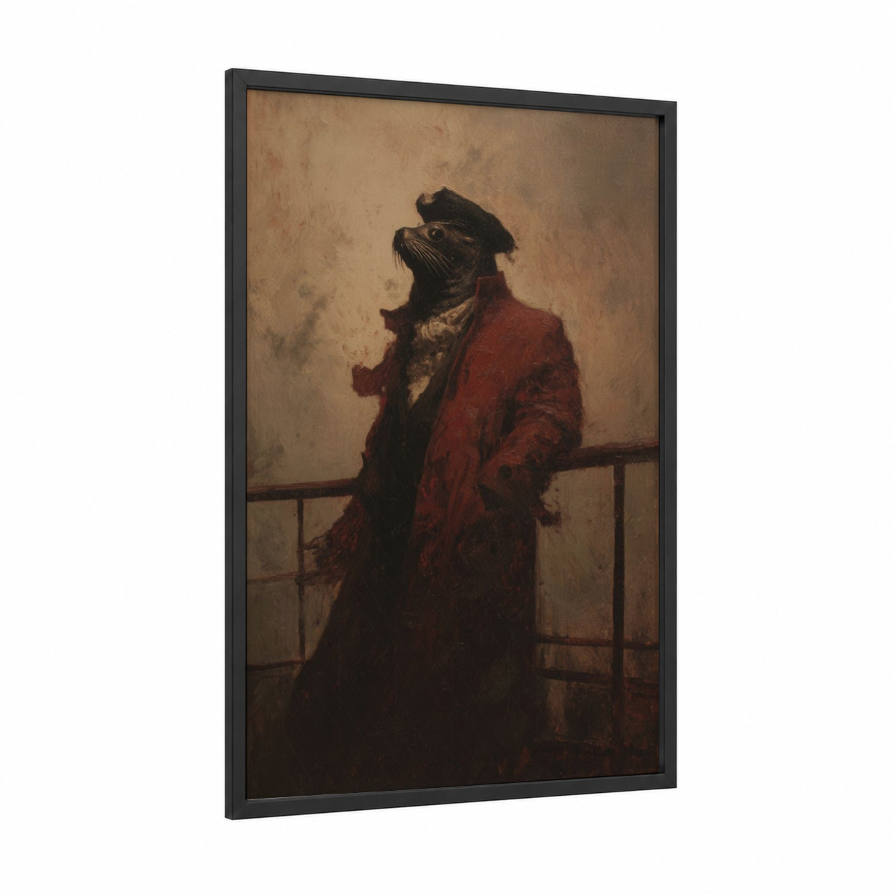 Dapper Sea Lion framed art print — black wood frame — russet and beige palette