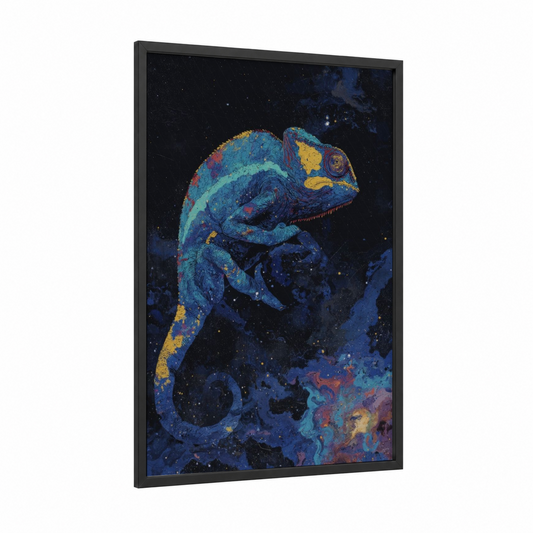 Nocturnal Chameleon framed art print — black wood frame — blue and gold palette