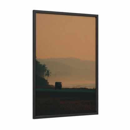 Golden Hour Rickshaw framed art print — black wood frame — gold and beige palette