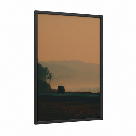 Golden Hour Rickshaw framed art print — black wood frame — gold and beige palette