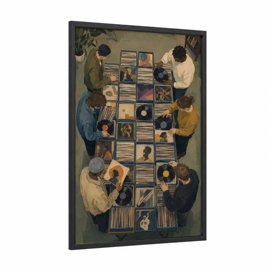 Vintage Vinyl Record Collectors Wall Art framed vinyl records print — black wood frame — olive and beige palette