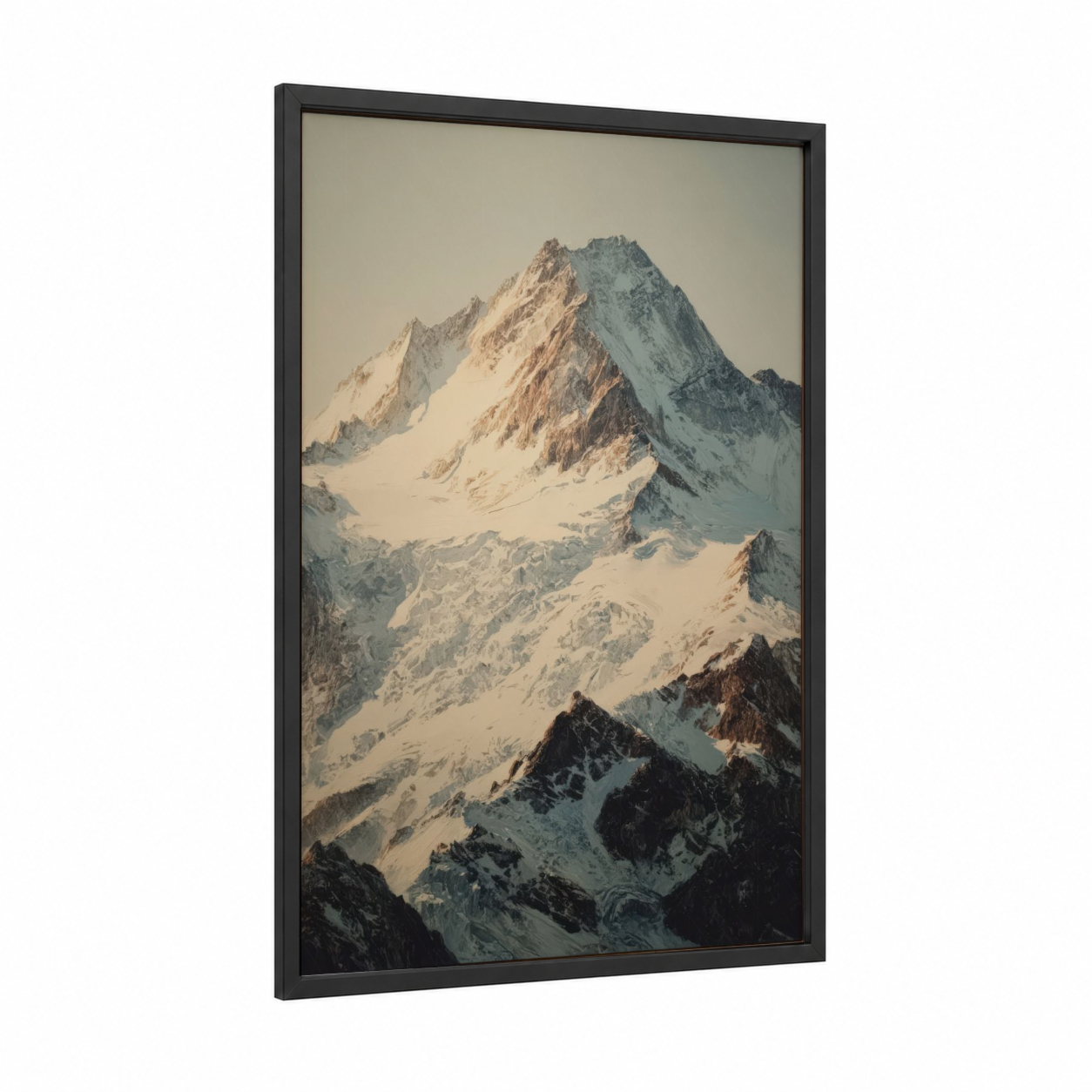 Alpine Dawn framed snowy mountains print — black wood frame — cream and gray palette