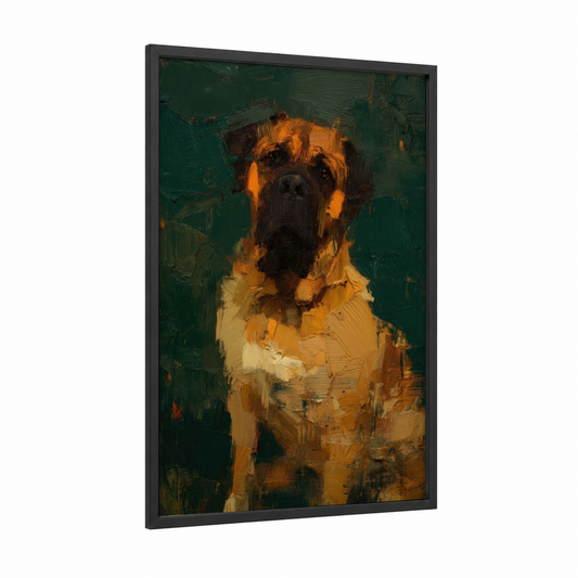Golden Mastiff framed art print — black wood frame — gold and dark green palette