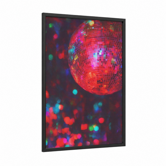 Neon Disco Ball framed art print — black wood frame — magenta and black palette