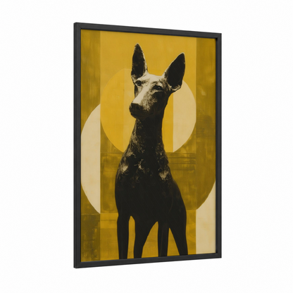 Golden Terrier framed art print — black wood frame — gold and black and white palette