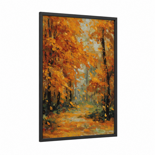Golden Oak Canopy framed oak forest print — black wood frame — gold and orange palette