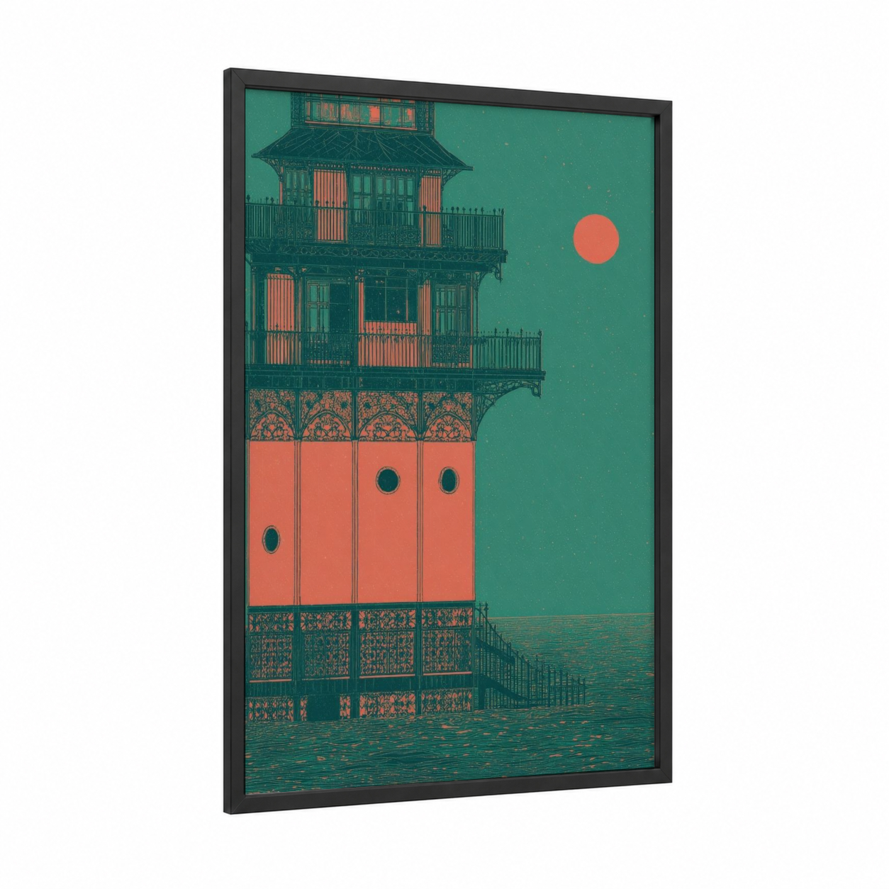 Crimson Lighthouse Tower framed art print — black wood frame — teal and salmon pink palette