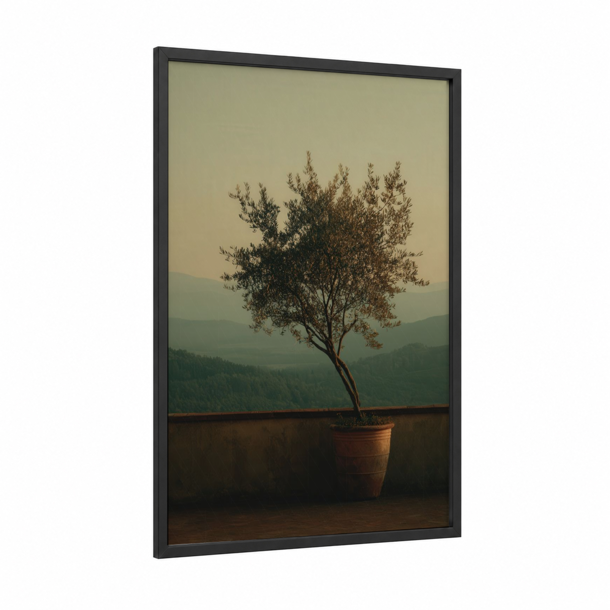 Misty Mountain Olive framed olive tree print — black wood frame — sage green and beige palette