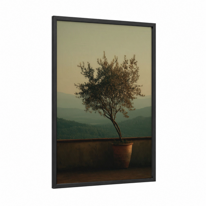Misty Mountain Olive framed olive tree print — black wood frame — sage green and beige palette