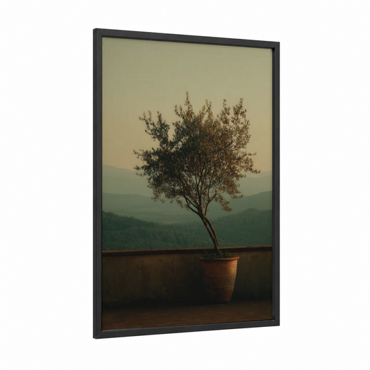 Misty Mountain Olive framed olive tree print — black wood frame — sage green and beige palette