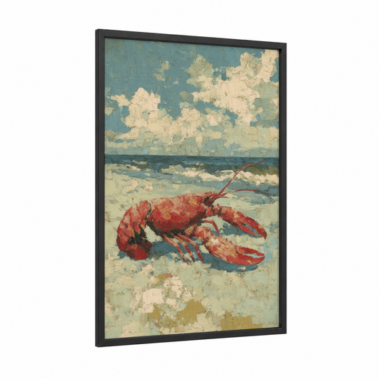 Crimson Lobster Beach framed art print — black wood frame — blue and white and russet palette