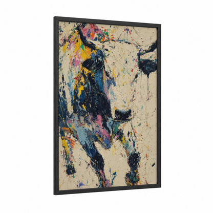 Abstract Yak framed art print — black wood frame — blue and yellow palette