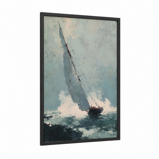 Stormy Sailing Ship framed art print — black wood frame — gray and white and teal palette